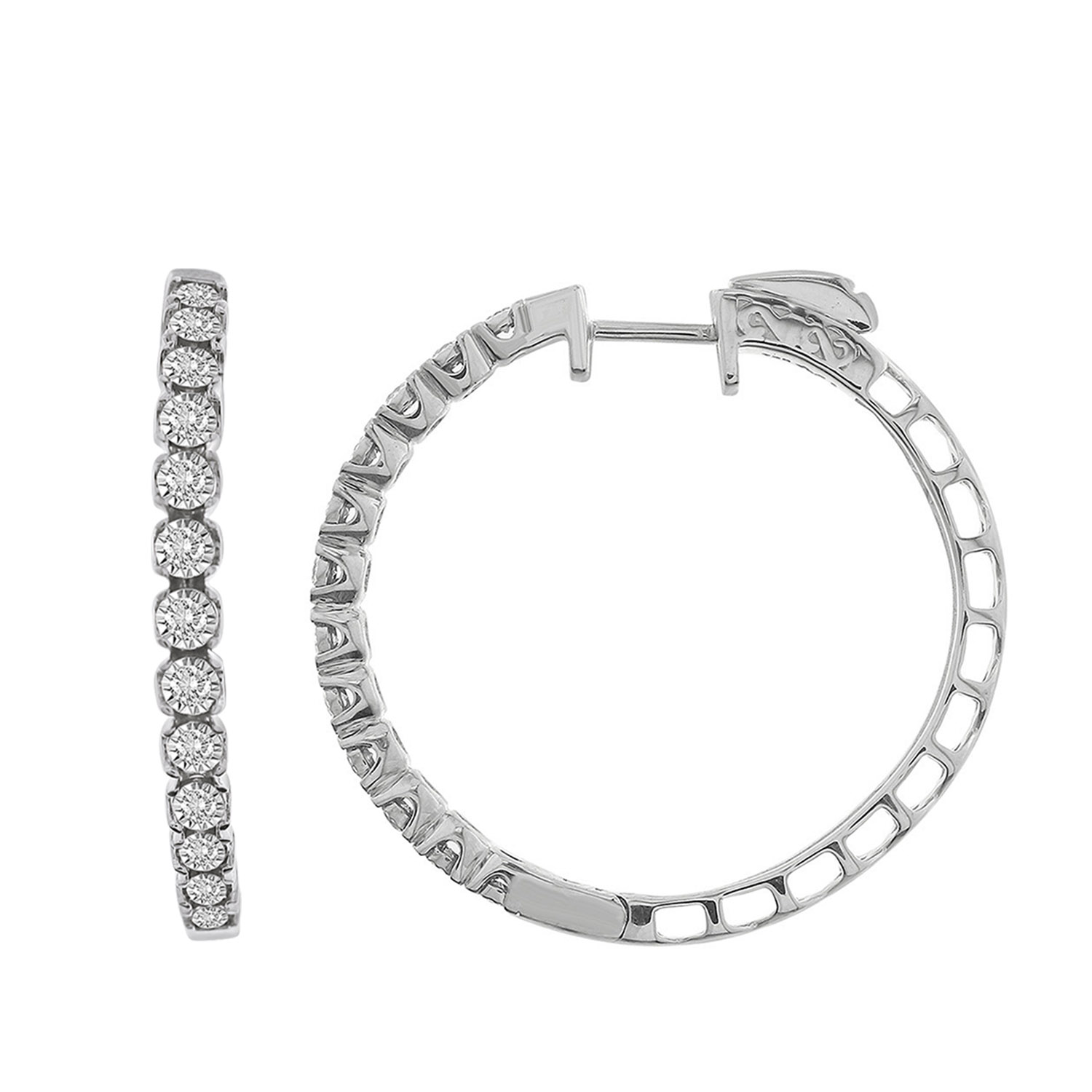 LADIES HOOP EARRINGS 1.00CT ROUND DIAMOND 10K WHITE GOLD - Image 1