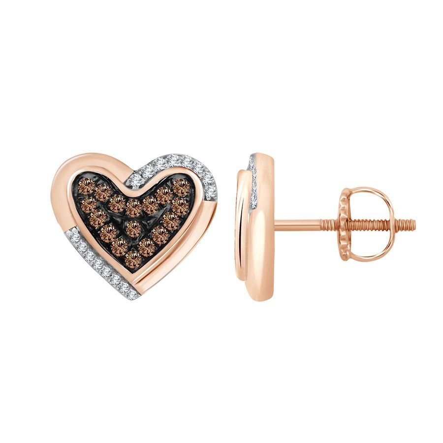 LADIES EARRINGS 0.15CT ROUND DARK BROWN DIAMOND ROSE GOLD/STERLING SILVER - Image 1