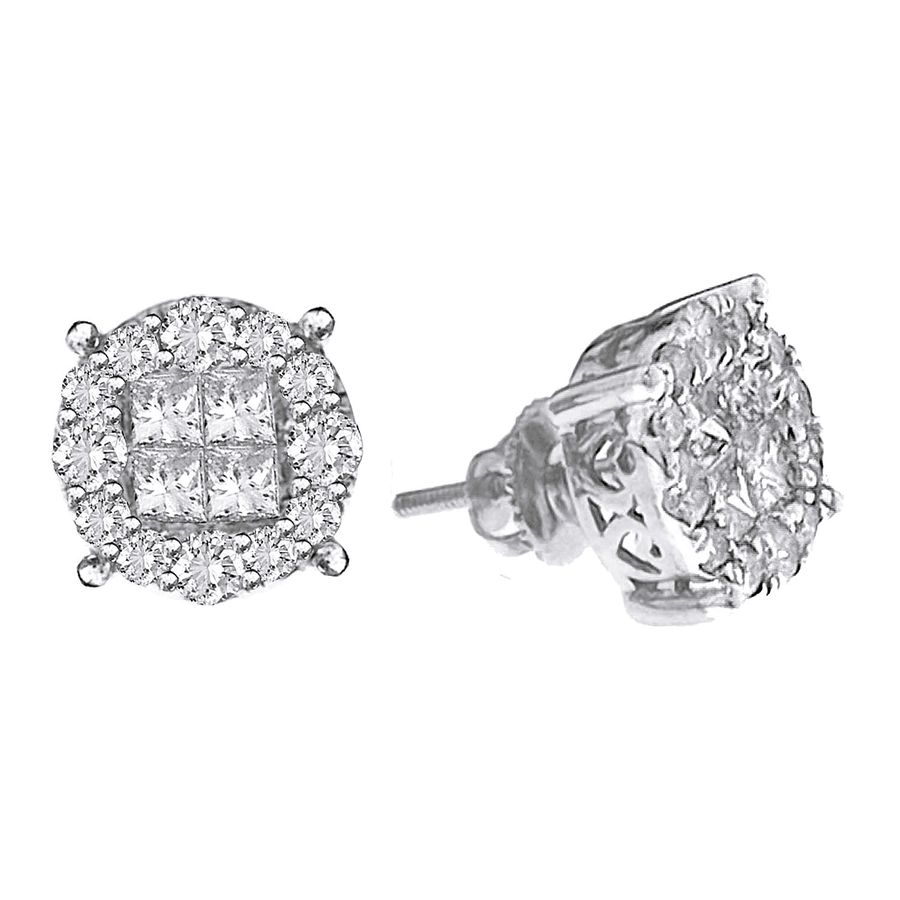LADIES STUD EARRINGS 2.00CT ROUND/PRINCESS DIAMOND 14K WHITE GOLD - Image 1