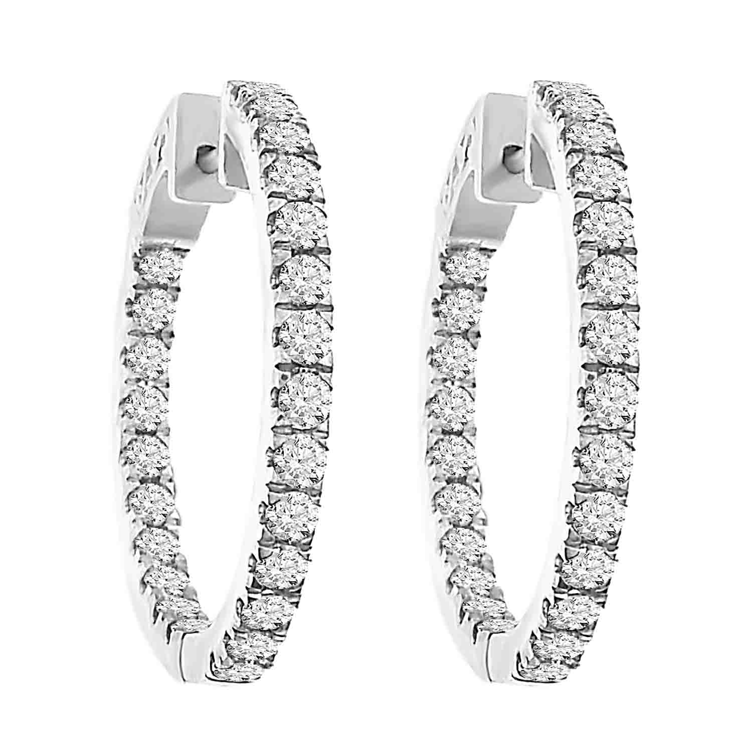 LADIES HOOPS EARRINGS 2.00CT ROUND DIAMOND 14K WHITE GOLD - Image 1
