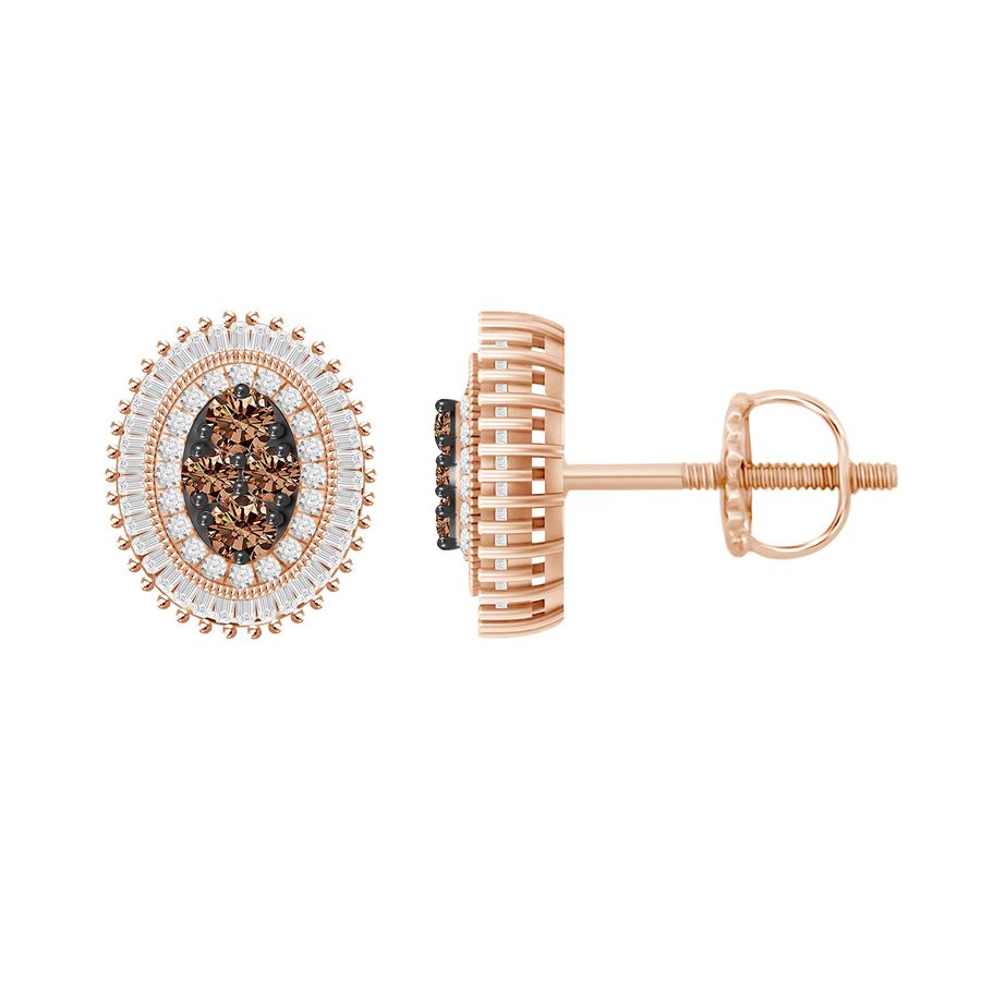 LADIES EARRINGS 0.60CT ROUND/BAGUETTE DARK BROWN DIAMOND 14K ROSE GOLD (SI QUALITY) - Image 1