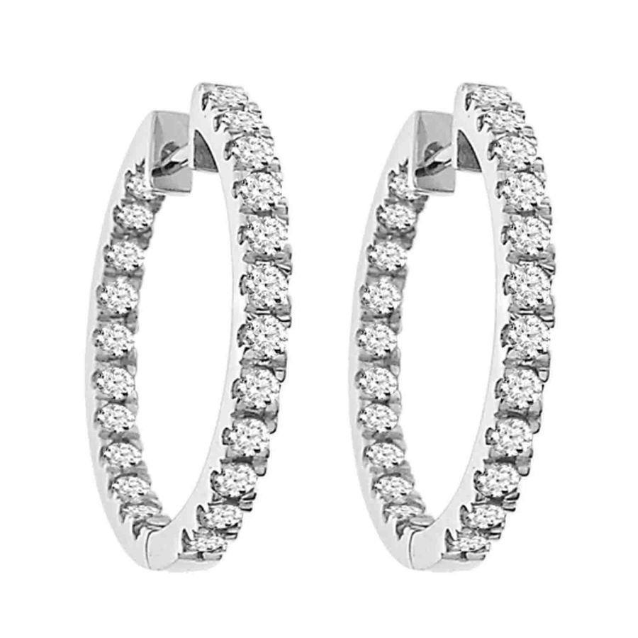 LADIES HOOPS EARRINGS 1.50CT ROUND DIAMOND 14K WHITE GOLD - Image 1