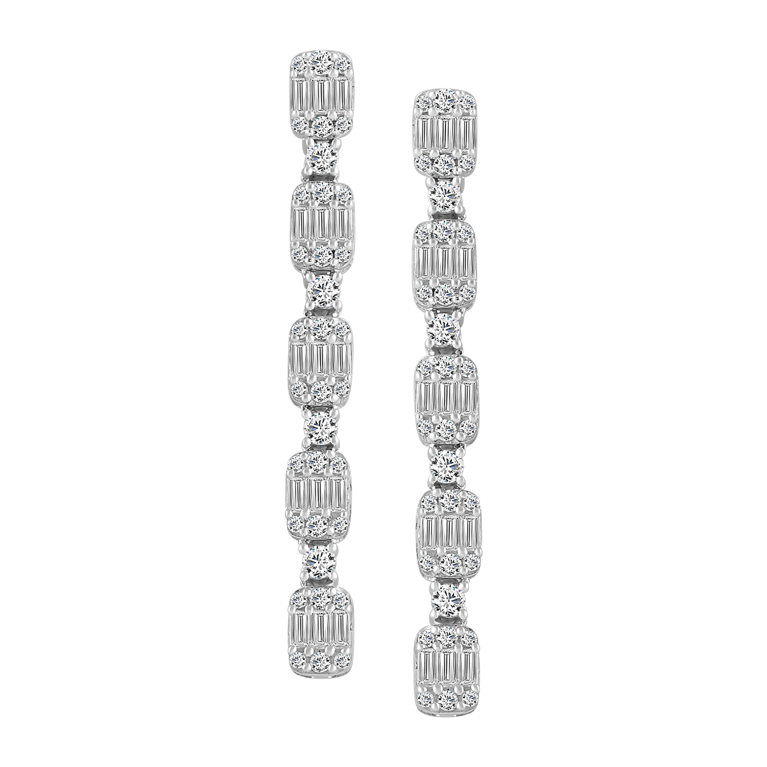 LADIES LINEAR EARRINGS 1.00CT ROUND/BAGUETTE DIAMOND 14K WHITE GOLD - Image 1