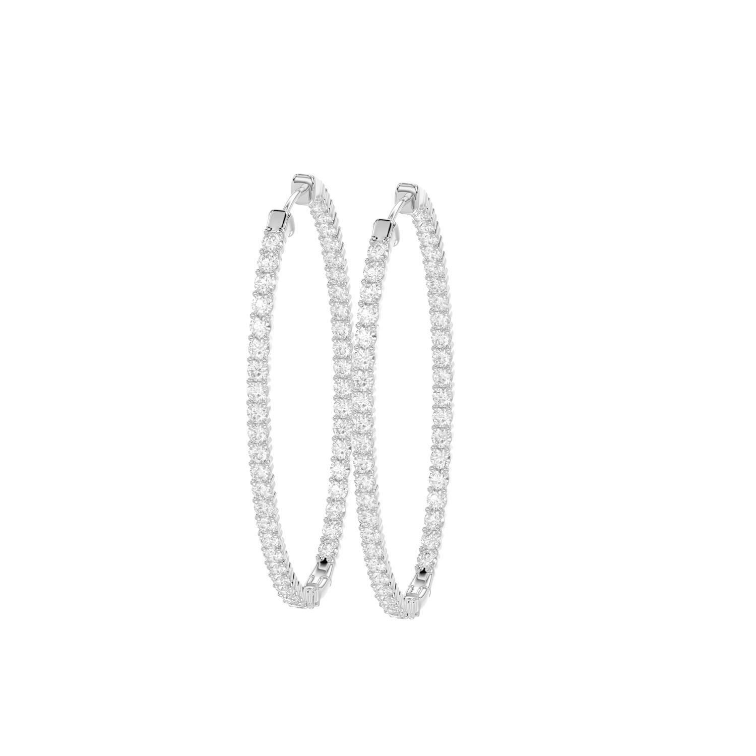 LADIES HOOPS IN/OUT EARRINGS 3.50CT ROUND DIAMOND 14K WHITE GOLD - Image 1