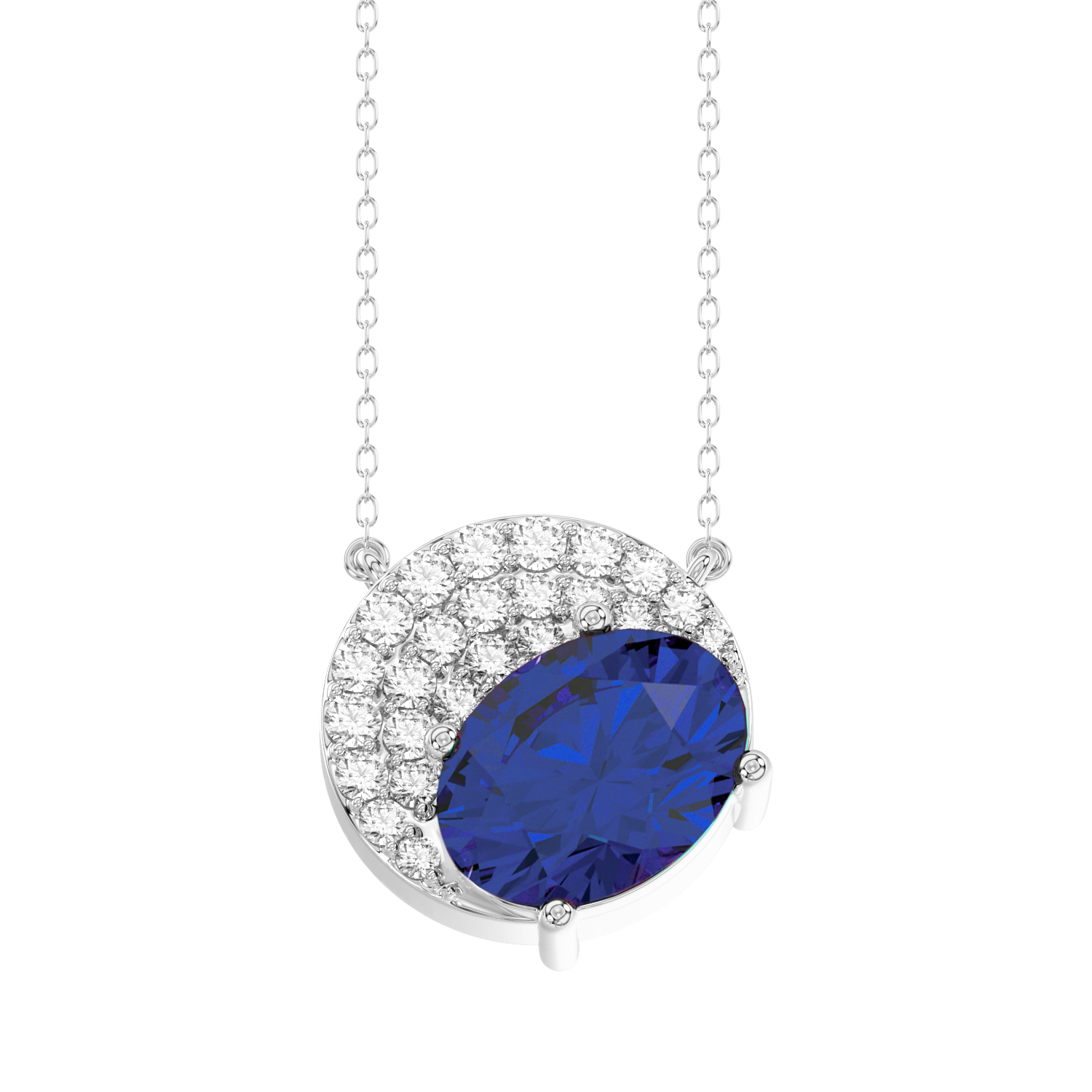 LADIES PENDANT WITH CHAIN 1.75CT ROUND/OVAL BLUE SAPPHIRE DIAMOND 14K WHITE GOLD (CENTER STONE OVAL BLUE SAPPHIRE DIAMOND-1.60CT) - Image 1