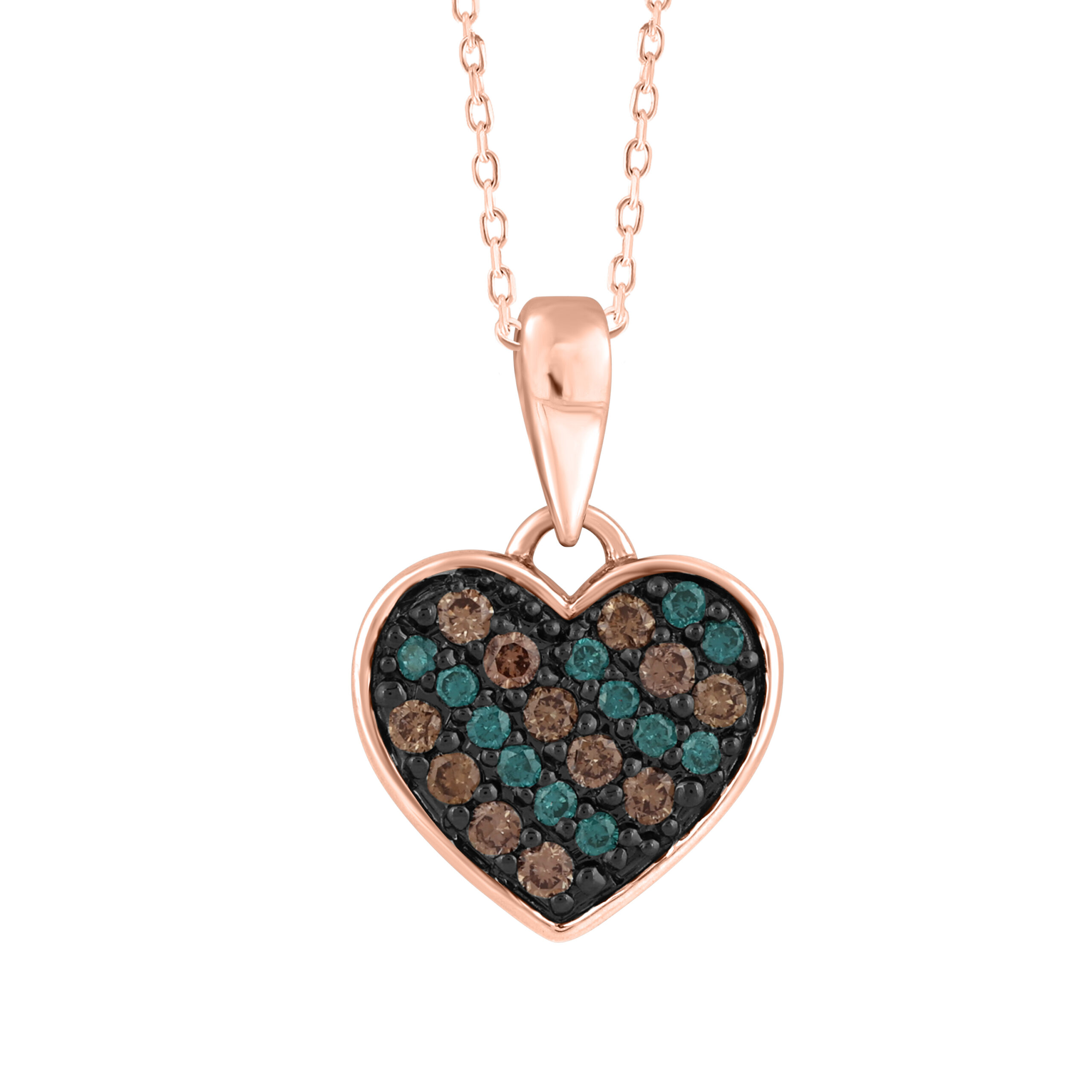 LADIES HEART PENDANT WITH CHAIN 0.25CT DARK BROWN/BLUE/ROUND DIAMOND 14K ROSE GOLD - Image 1
