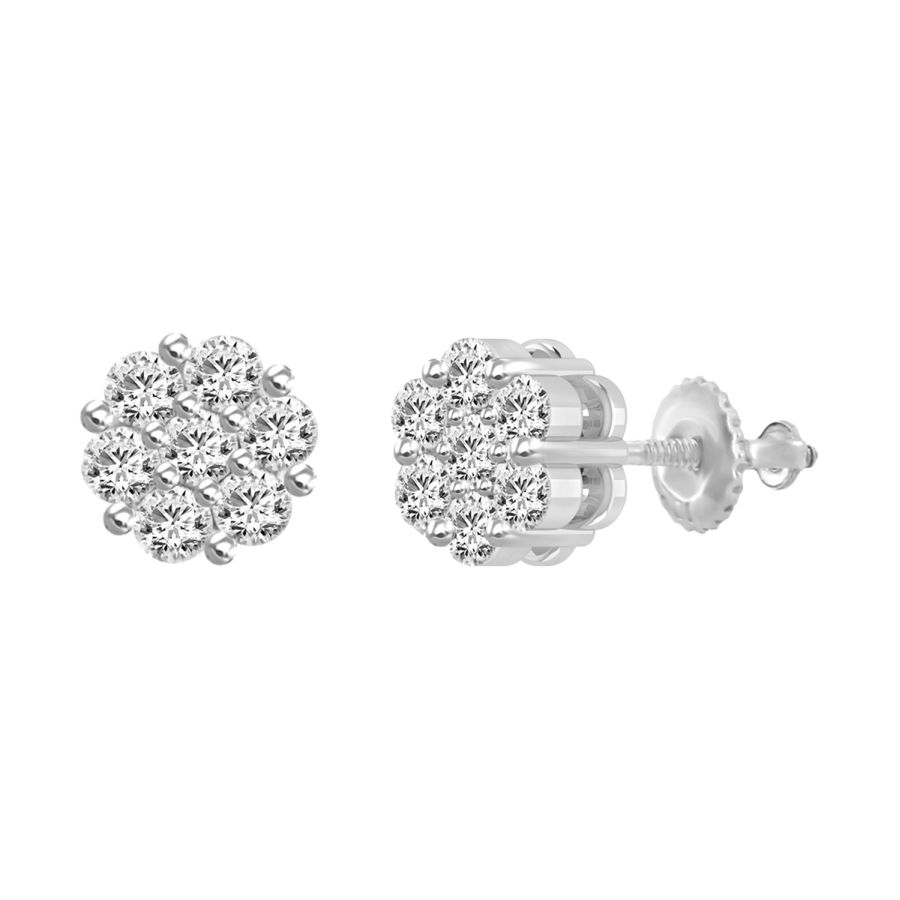 LADIES FLOWER EARRINGS 1.50CT ROUND DIAMOND 14K WHITE GOLD - Image 1