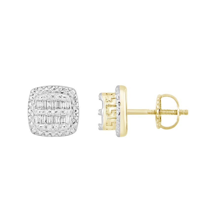 LADIES EARRINGS 0.16CT ROUND/BAGUETTE DIAMOND 10K YELLOW GOLD - Image 1