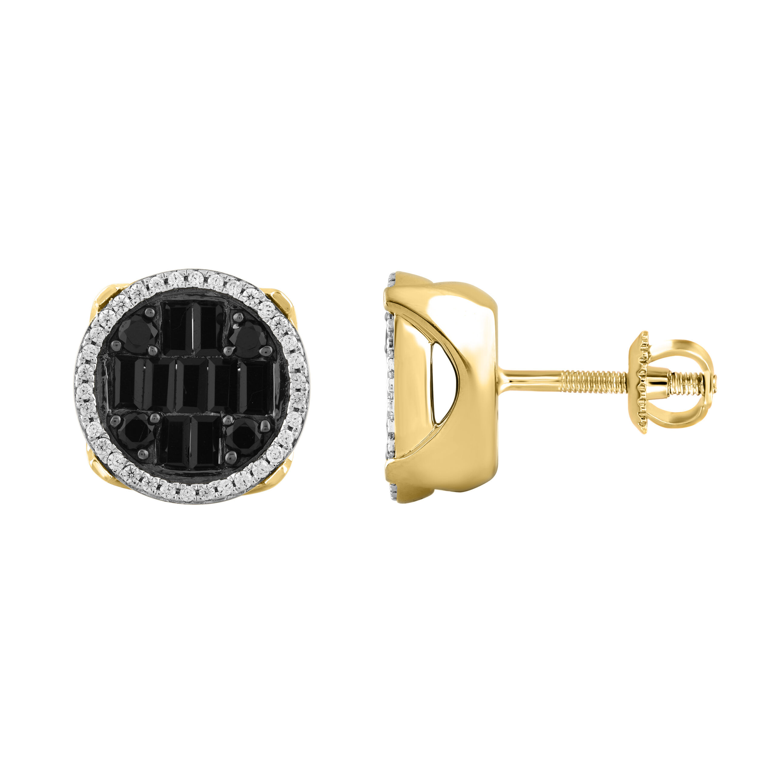 MEN'S EARRINGS 1.25CT ROUND/BLACK/BAGUETTE DIAMOND 10K YELLOW GOLD - Image 1