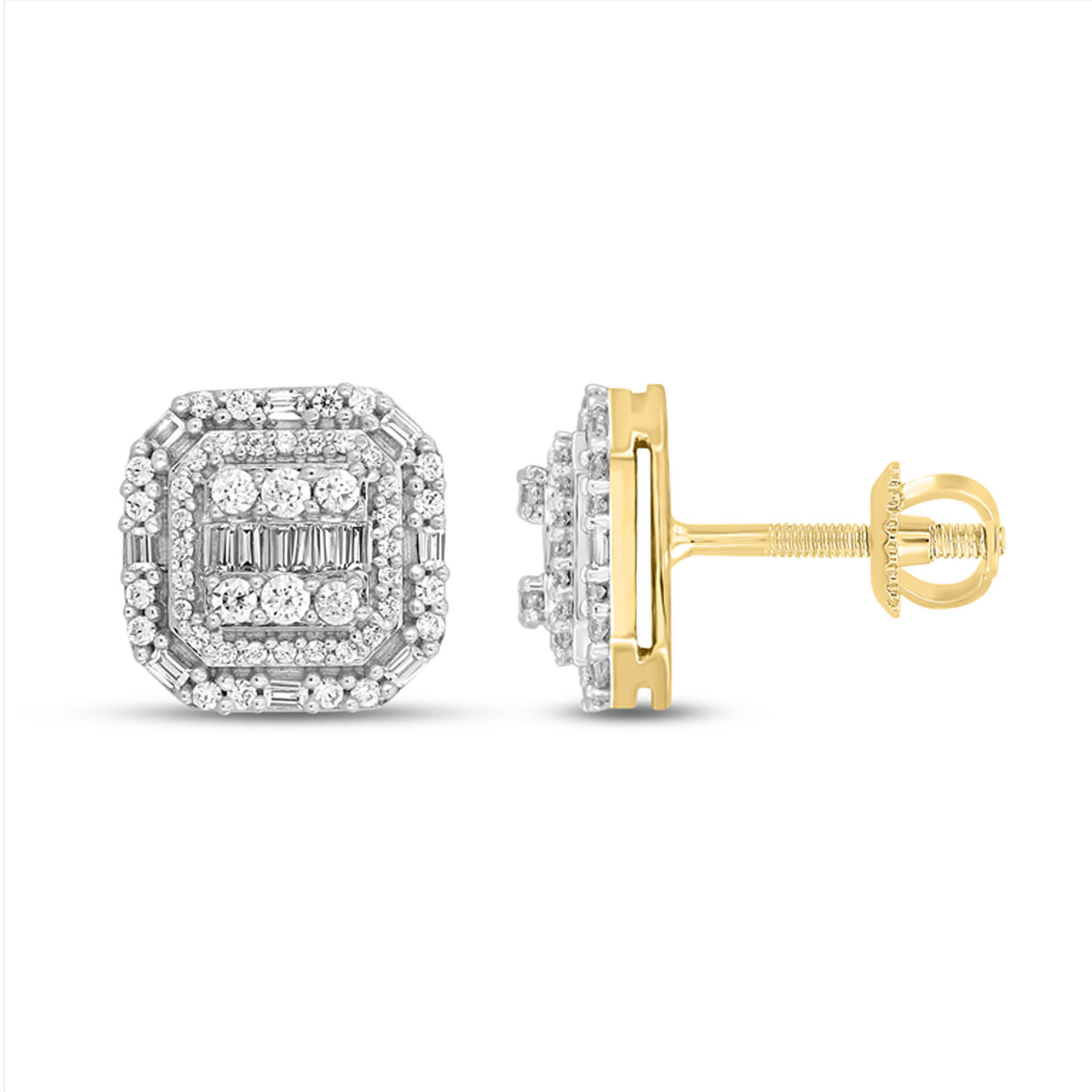 LADIES EARRINGS 0.50CT ROUND/BAGUETTE DIAMOND 10K YELLOW GOLD - Image 1