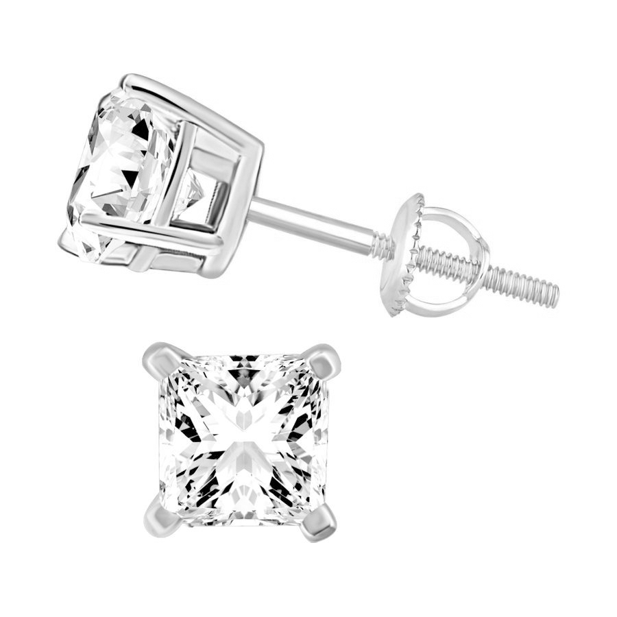 LADIES SOLITAIRE EARRINGS 1.00CT PRINCESS DIAMOND 14K WHITE GOLD - Image 1