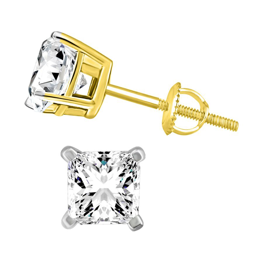 LADIES SOLITAIRE EARRINGS 0.50CT PRINCESS DIAMOND 14K YELLOW GOLD - Image 1