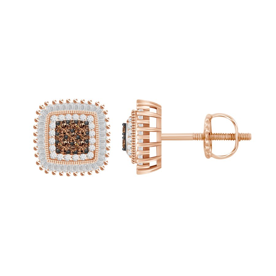 LADIES EARRINGS 0.50CT ROUND/BAGUETTE DARK BROWN DIAMOND 14K ROSE GOLD (SI QUALITY) - Image 1