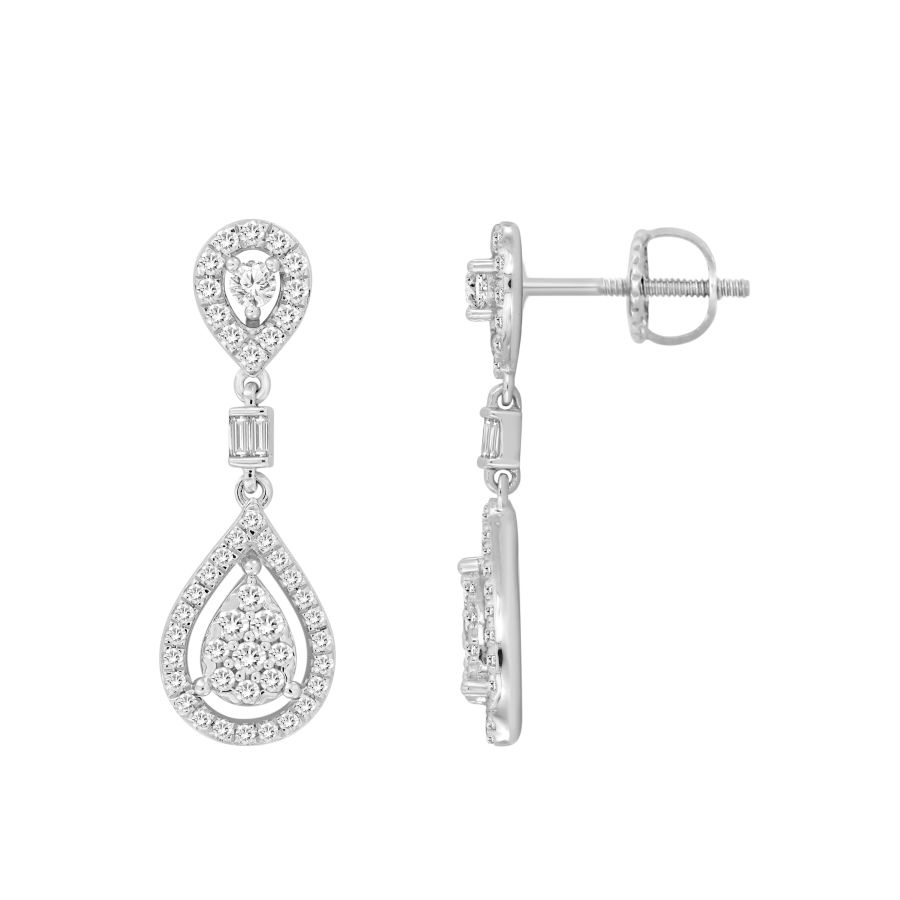 LADIES EARRINGS 0.75CT ROUND/BAGUETTE DIAMOND 14K WHITE GOLD - Image 1