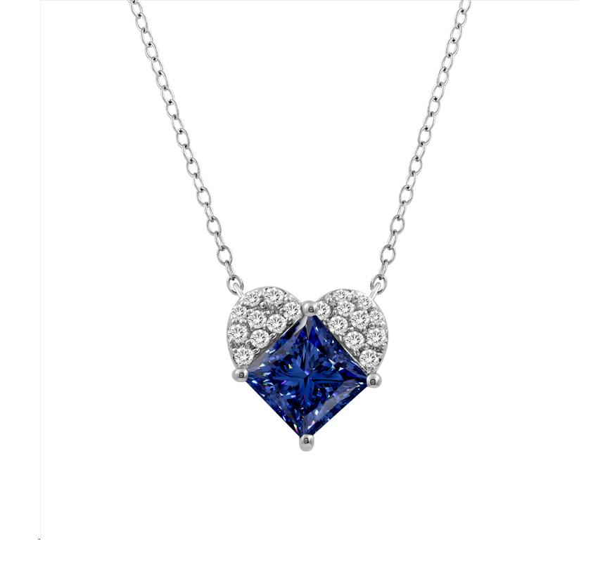 LADIES PENDANT WITH CHAIN 1.50CT ROUND/PRINCESS/BLUE SAPHIRE DIAMOND 14K WHITE GOLD (CENTER STONE PRINCESS BLUE SAPHIRE-1.35CT) - Image 1