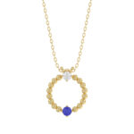 14K Yellow Gold 0.15Ct Blue Sapphire & Diamond Necklace For Women Natural Round Sapphire Ladies Jewelry