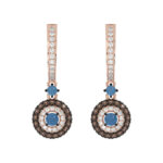 Beautiful 14K Rose Gold Ladies Hoop Earrings Featuring Multi-Color Diamonds In Blue And Dark Brown Shades.1.00 Ct Elegant Jewelry Design.
