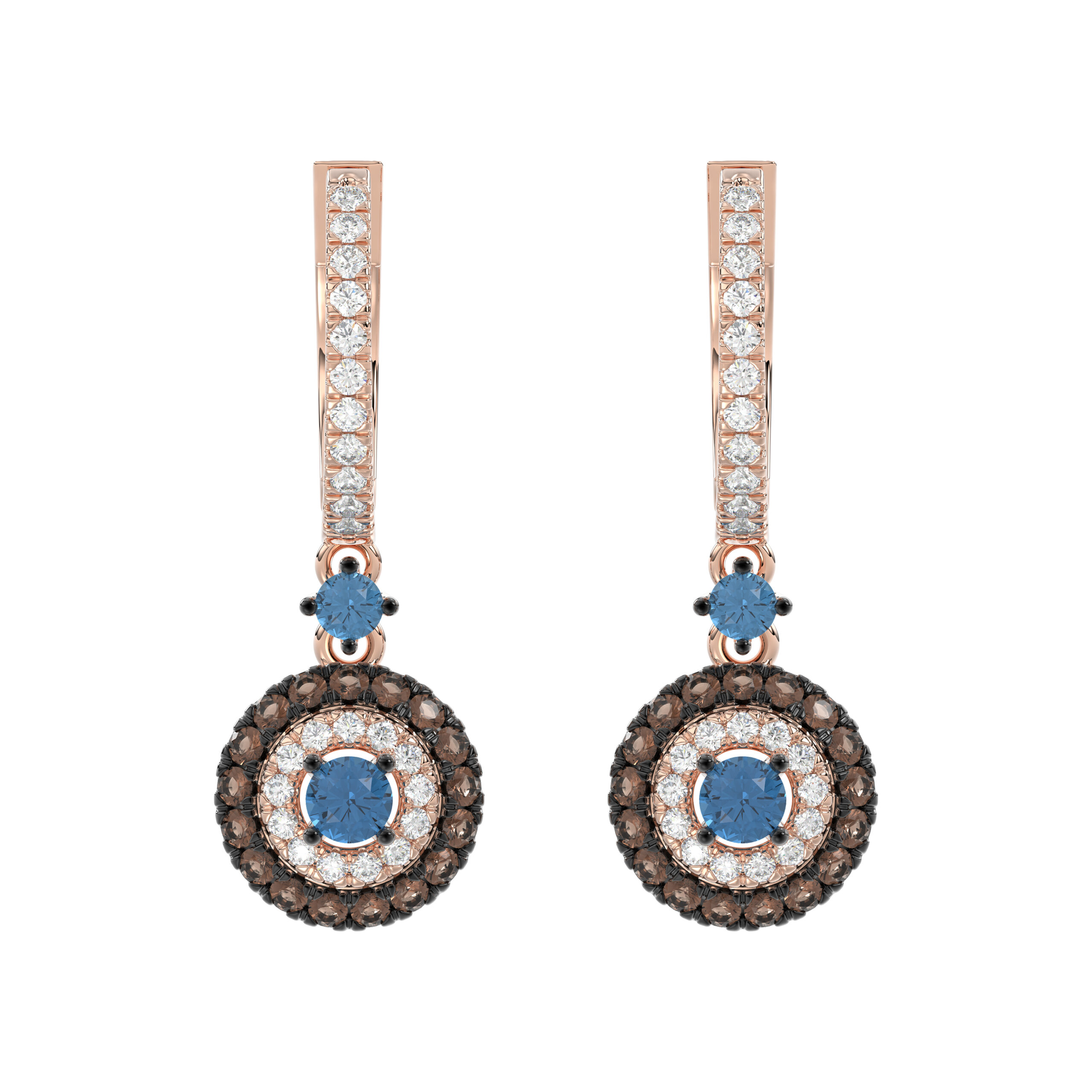 Beautiful 14K Rose Gold Ladies Hoop Earrings Featuring Multi-Color Diamonds In Blue And Dark Brown Shades.1.00 Ct Elegant Jewelry Design. - Image 1