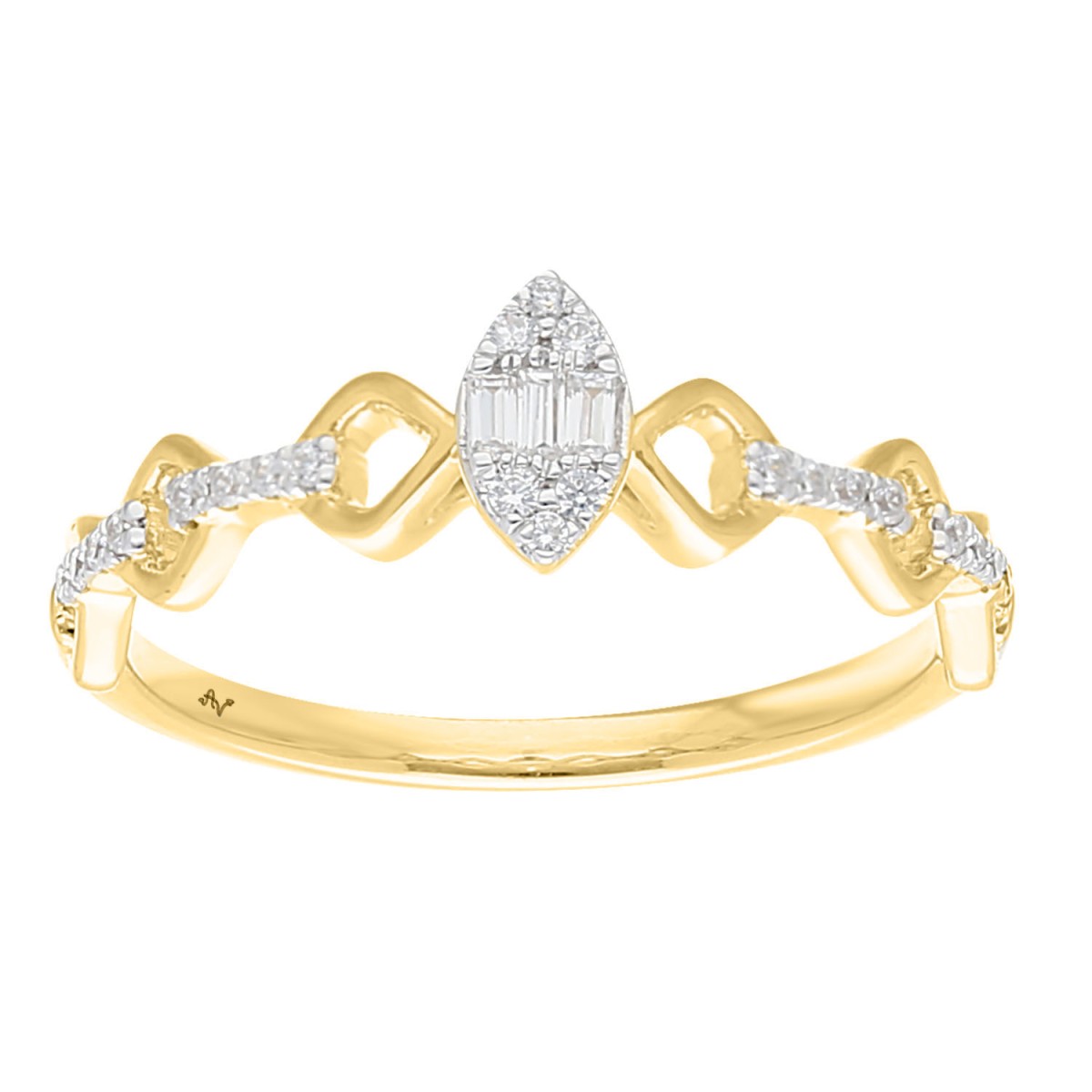 10K Yellow Gold 0.15CT Diamond Halo Ring Round & Baguette Promise Ring For Women - Image 1