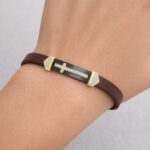 Men�S Sterling Silver Yellow  Bracelet With Brown Leather Strap And Central Black Accent � 0.25Ct - Image 4