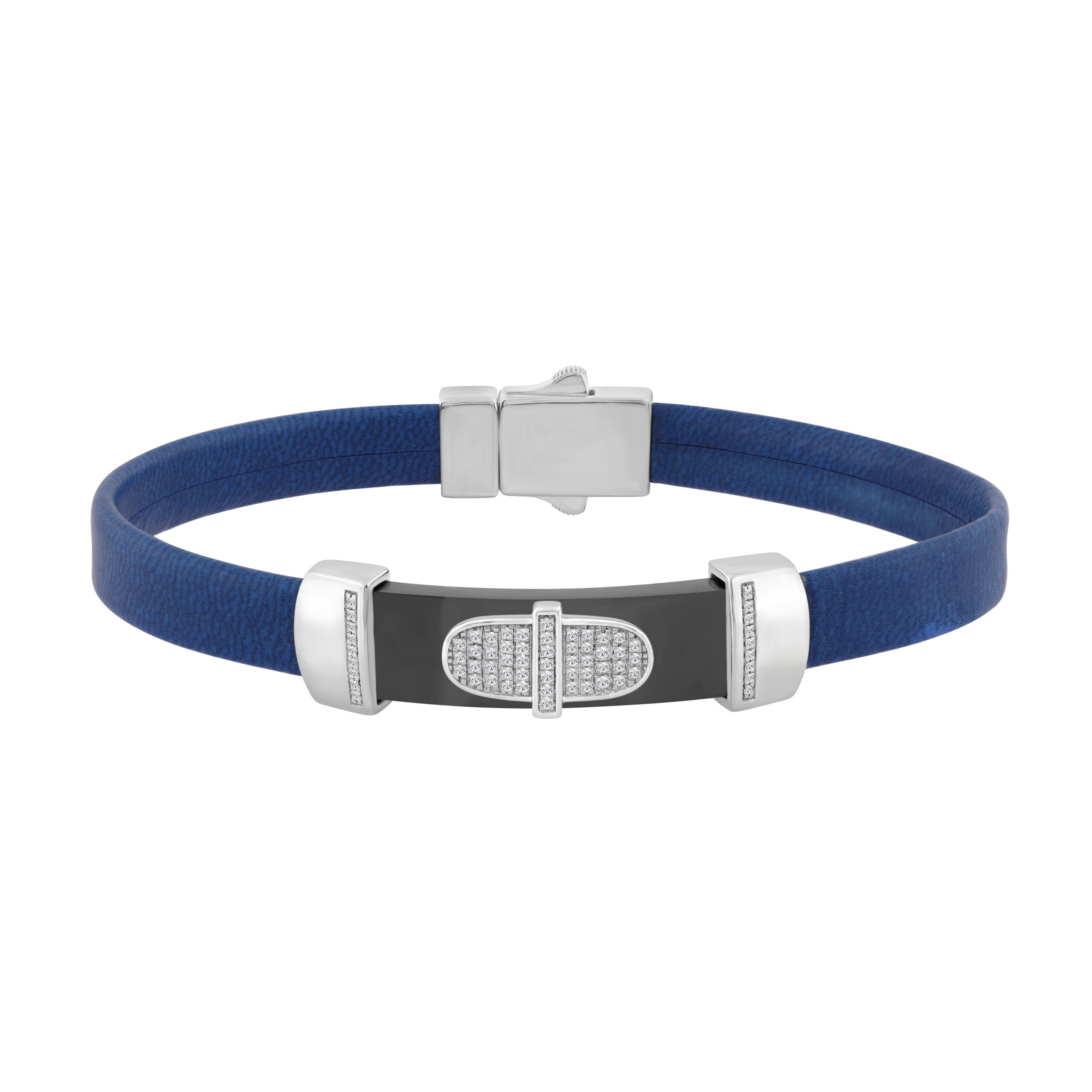 0.25 Ct Round Diamond Men�S Bracelet � Sterling Silver White With Rubber Strap (Blue/Black) - Image 1