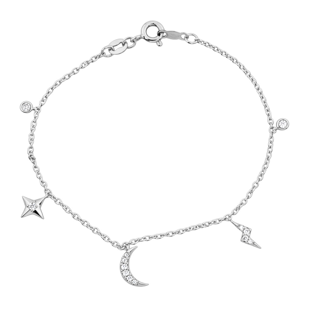 Women�S Sterling Silver White Bracelet � 0.20Ct Round Diamonds, Stars & Moon Design - Image 1