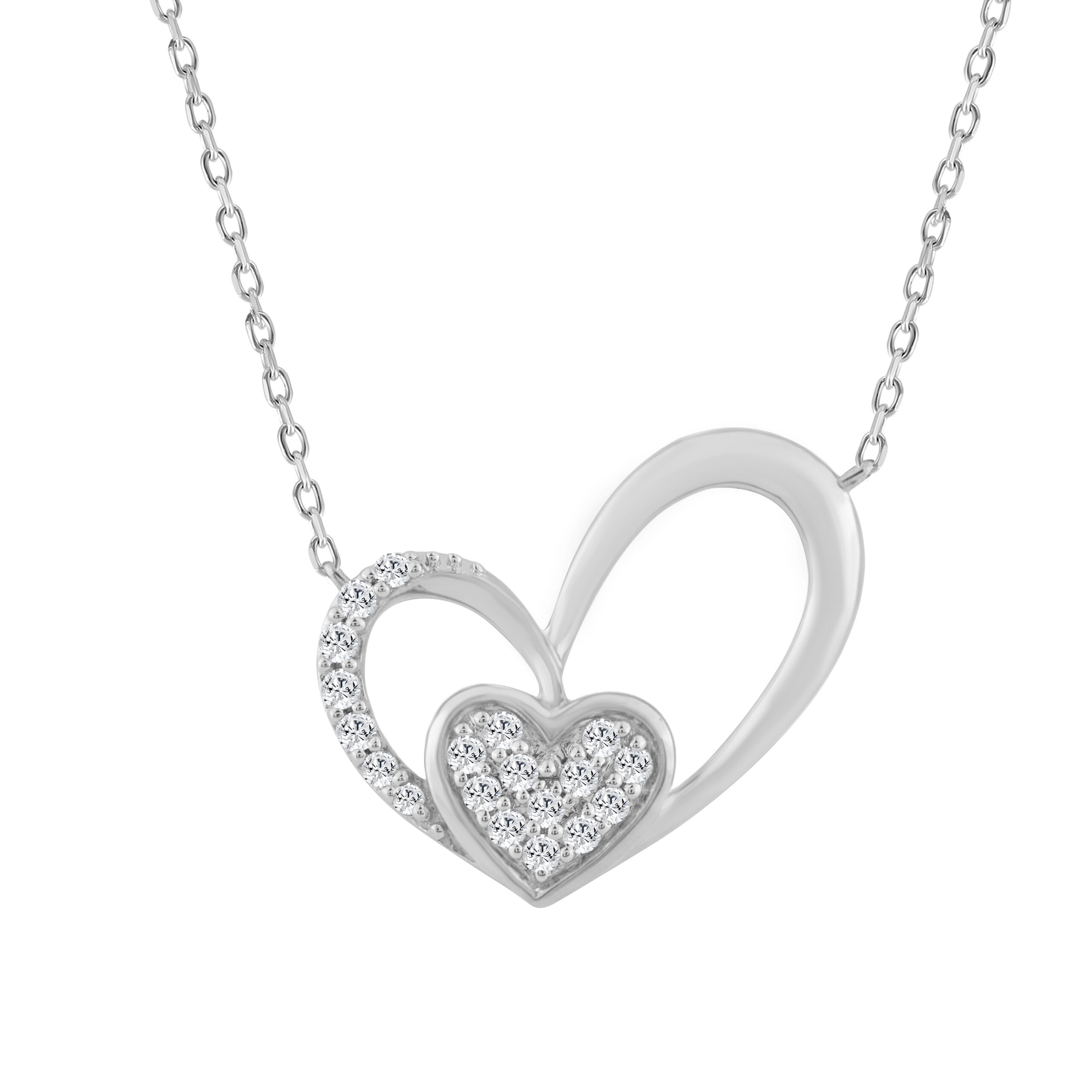 10K WHITE GOLD DOUBLE HEART DIAMOND PENDANT WITH CHAIN 0.15CT ROUND DIAMOND LADIES JEWELRY - Image 1