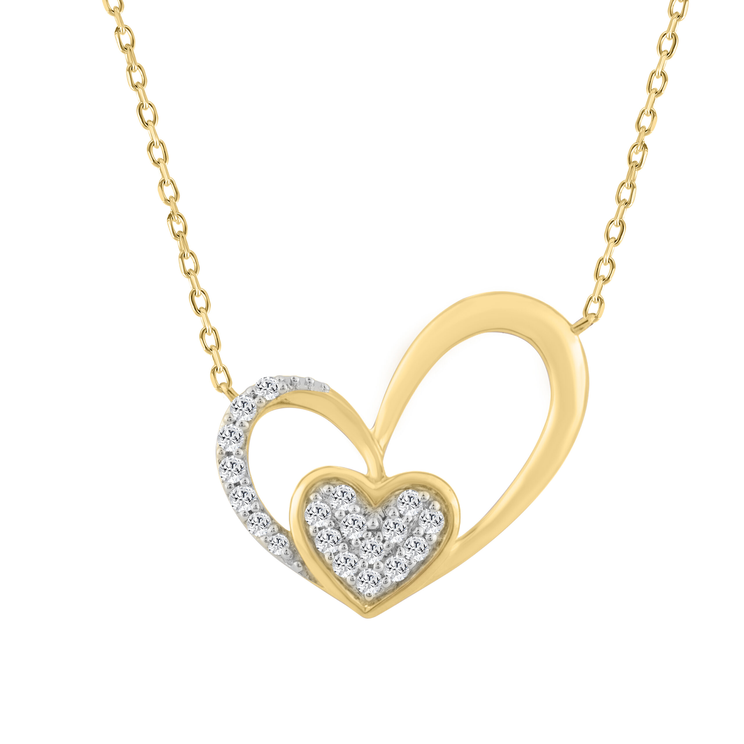 10K YELLOW GOLD DOUBLE HEART DIAMOND PENDANT WITH CHAIN 0.15CT ROUND DIAMOND LADIES JEWELRY - Image 1