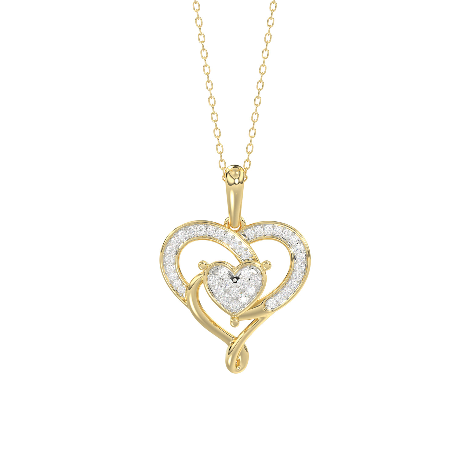 10K YELLOW GOLD DOUBLE HEART DIAMOND PENDANT FOR LADIES 0.15CT ROUND DIAMOND PENDANT WITH CHAIN - Image 1