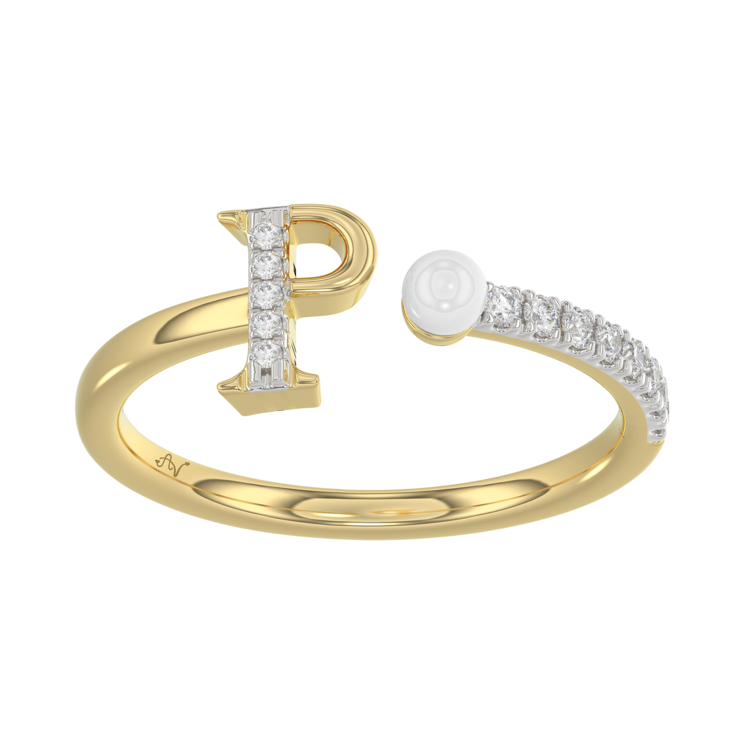 Stylish 10K Yellow Gold Ladies Ring Featuring Letter “P”, Luminous Pearl, And Round Diamond Accents. A Delicate 0.10Ct Fine Jewelry Piece. - Image 1