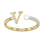 Women�S 10K Yellow Gold Letter �V� Diamond & Pearl Ring 0.10Ct Round Diamond Fine Jewelry