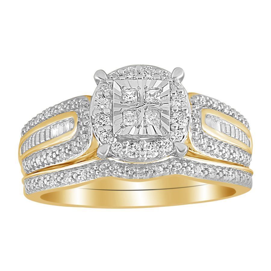 LADIES BRIDAL RING 0.33CT ROUND/PRINCESS/BAGUETTE DIAMOND 10K YELLOW GOLD - Image 1