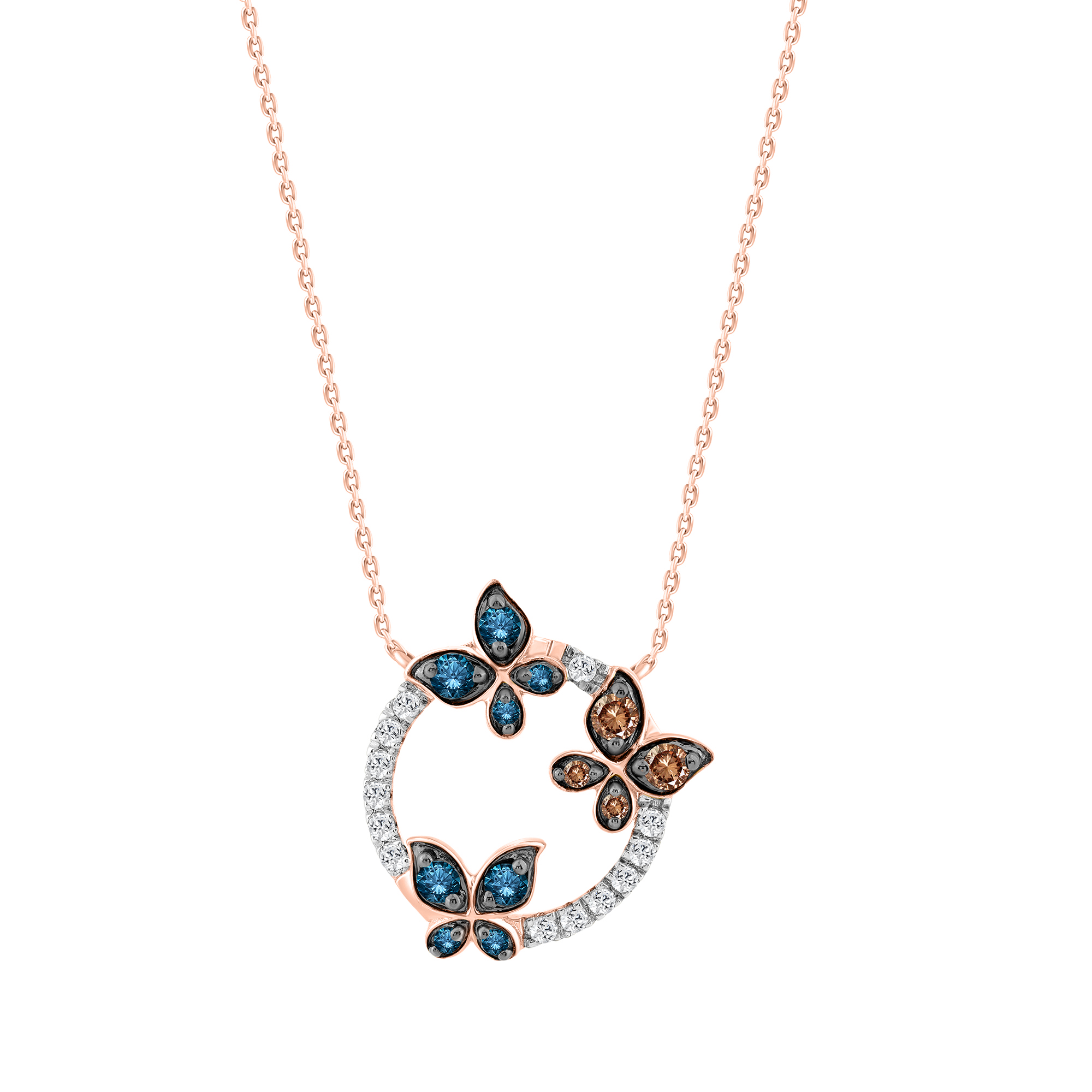 �Elegant Ladies Butterfly Pendant With Chain 0.33Ct Round Dark Brown & 14K Rose Gold Blue Diamond Fashion Jewelry For Women - Image 1