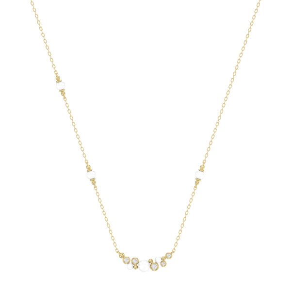Elegant 14K Yellow Gold Ladies Necklace With Pearl Centerpiece And Round Diamond Accents 0.16Ct. Perfect For Everyday Elegance Or Gifting.