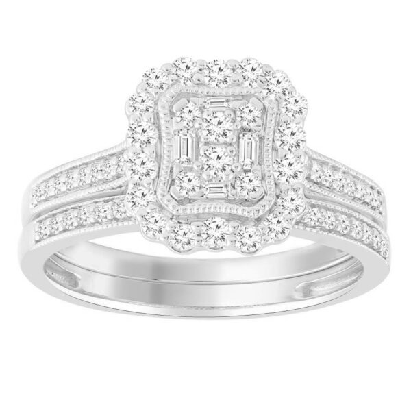 LADIES BRIDAL SET 0.50CT ROUND/BAGUETTE DIAMOND 10K WHITE GOLD