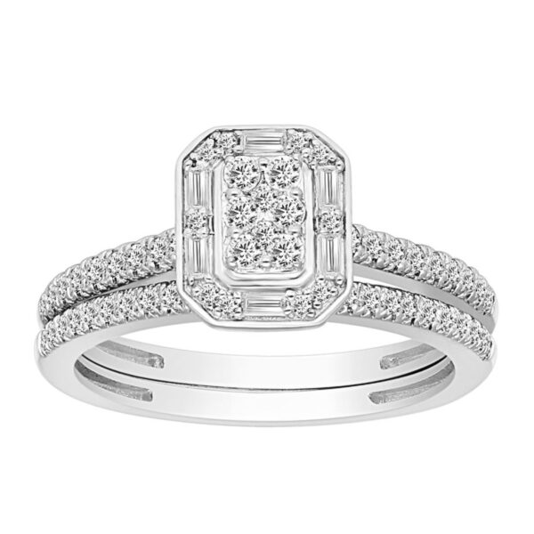 LADIES BRIDAL SET 0.50CT ROUND/BAGUETTE DIAMOND 10K WHITE GOLD