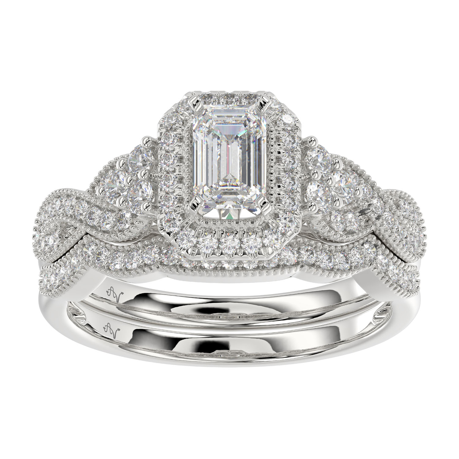 LADIES BRIDAL SET 1.00CT ROUND DIAMOND 14K WHITE GOLD (SI QUALITY) (CENTER STONE 0.50CT EMERALD DIAMOND) - Image 1