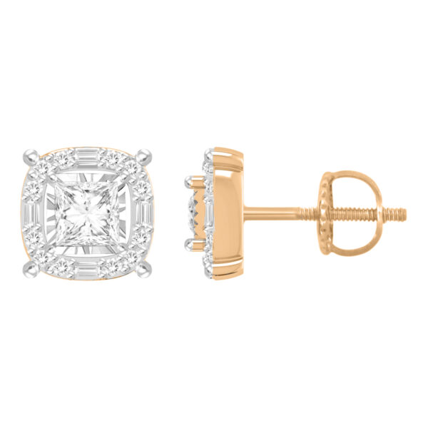 LADIES STUD EARRINGS 0.40CT ROUND/PRINCESS/BAGUETTE DIAMOND 10K ROSE GOLD