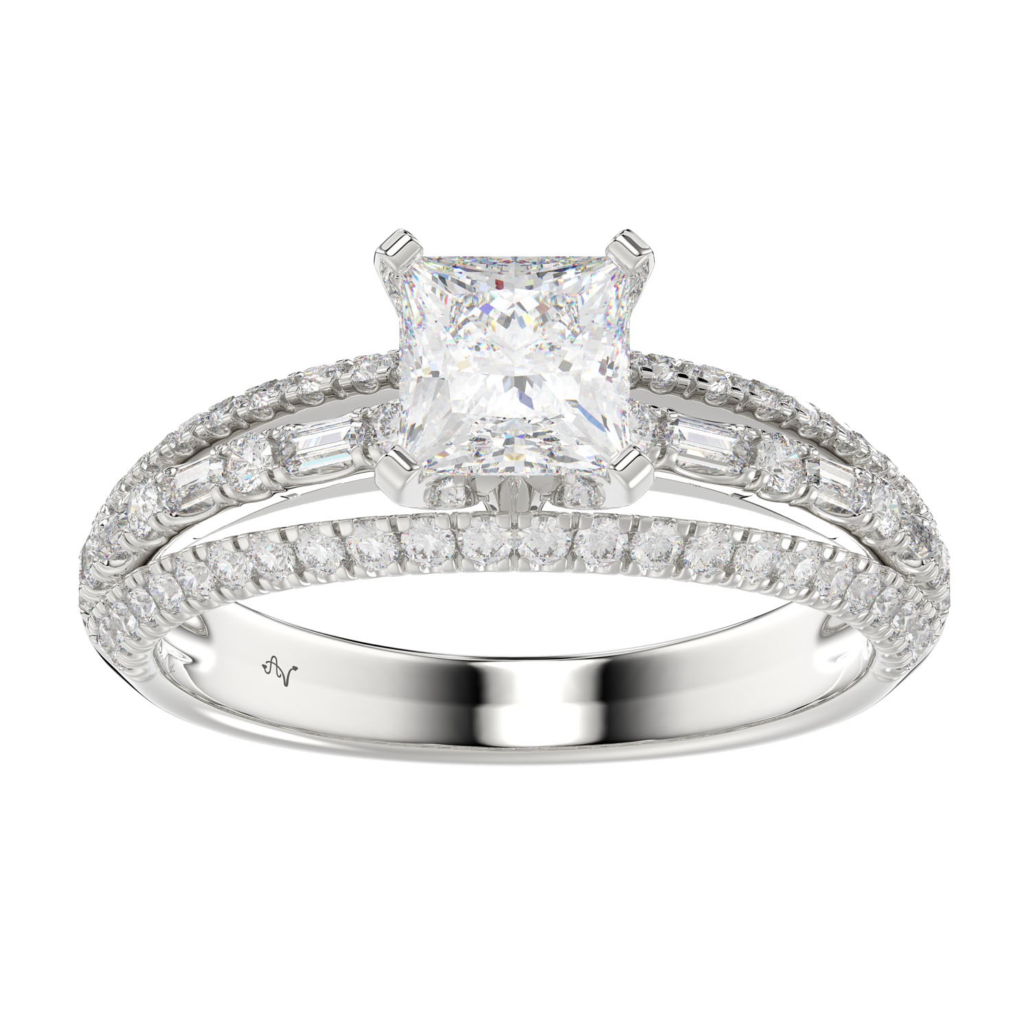 LADIES SEMI MOUNT RING 0.50CT ROUND/PRINCESS/BAGUETTE DIAMOND 14K WHITE GOLD (SI QUALITY) (CENTER STONE 1.00CT PRINCESS DIAMOND) - Image 1