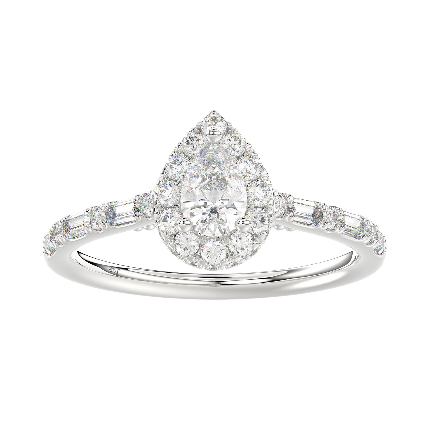 LADIES RING 1.00CT ROUND/BAGUETTE DIAMOND 14K WHITE GOLD (SI QUALITY) (CENTER STONE 0.50CT PEAR DIAMOND) - Image 1