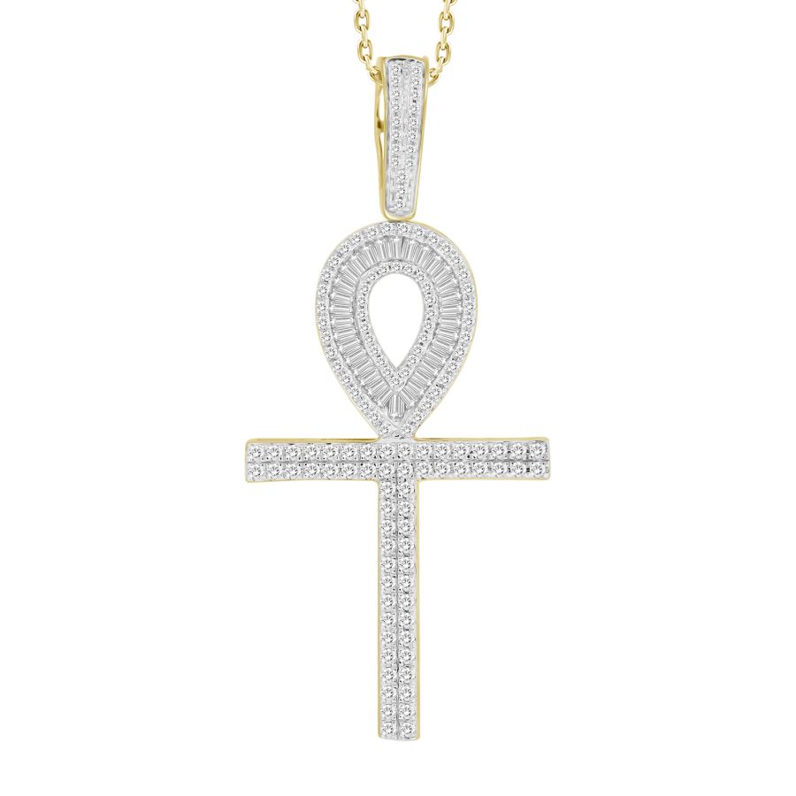 MEN'S CROSS CHARM 1.00CT ROUND/BAGUETTE DIAMOND 10K YELLOW GOLD - Image 1