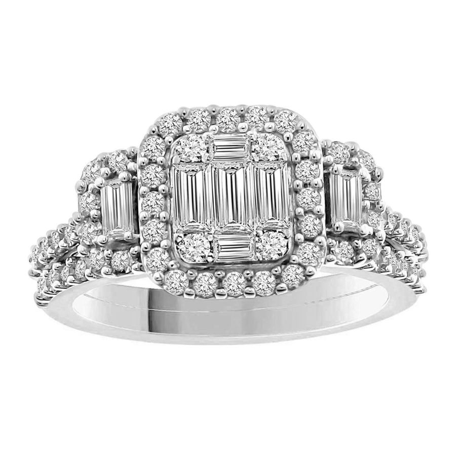 LADIES BIRDAL RING 1.25CT ROUND/BAGUETTE DIAMOND 14K WHITE GOLD - Image 1