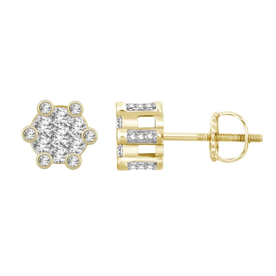 LADIES STUD EARRINGS 1.00CT ROUND DIAMOND 10K YELLOW GOLD - Image 1