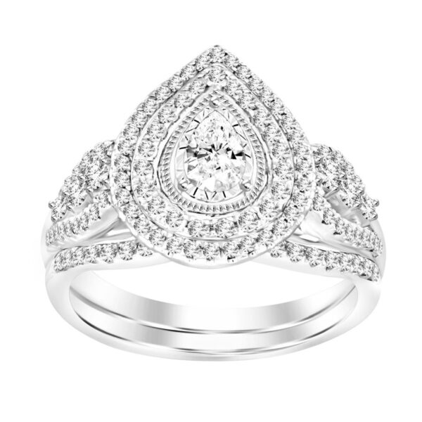 LADIES BRIDAL SET 0.75CT ROUND/PEAR DIAMOND 14K WHITE GOLD