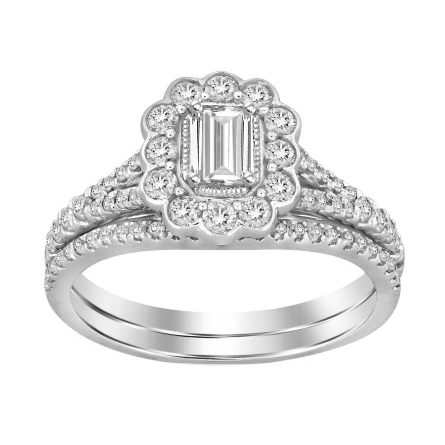 LADIES BRIDAL SET 1.00CT ROUND/EMERALD DIAMOND 14K WHITE GOLD - Image 1