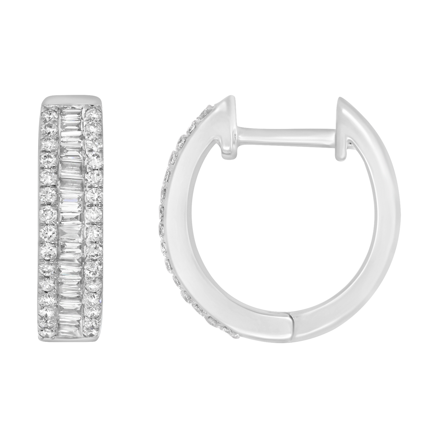 LADIES HOOP EARRINGS 0.75CT ROUND/BAGUETTE DIAMOND 14K WHITE GOLD (SI QUALITY) - Image 1