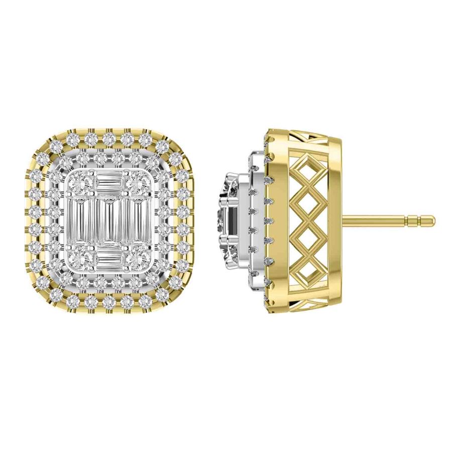 LADIES EARRINGS 1.00CT ROUND/BAGUETTE DIAMOND 10K YELLOW GOLD - Image 1