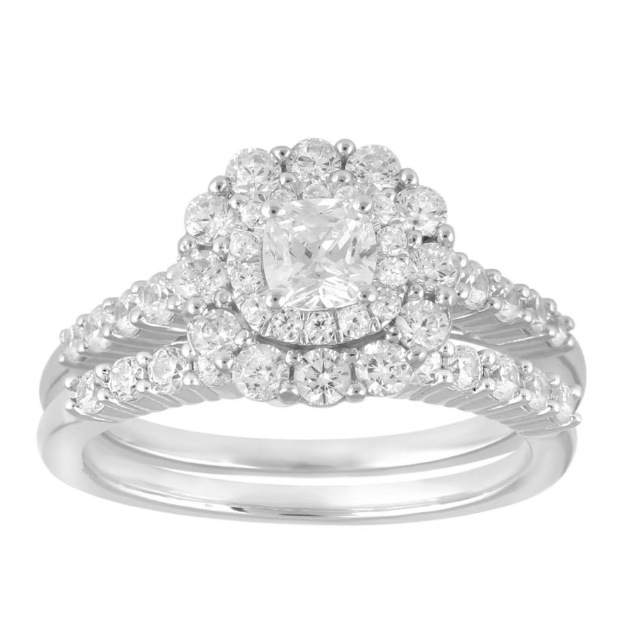 LADIES BRIDAL SET 1.25CT ROUND DIAMOND 10K WHITE GOLD (CENTER STONE 0.33CT CUSHION DIAMOND) - Image 1