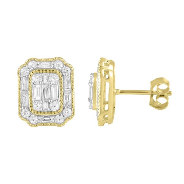 LADIES EARRINGS 1.00CT ROUND/BAGUETTE DIAMOND 14K YELLOW GOLD