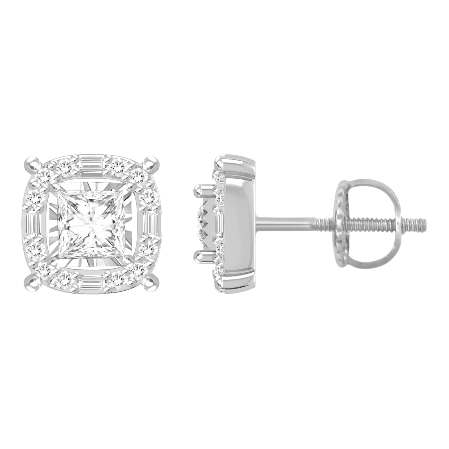 MEN'S STUD EARRINGS 0.40CT ROUND/PRINCESS/BAGUETTE DIAMOND 10K WHITE GOLD - Image 1